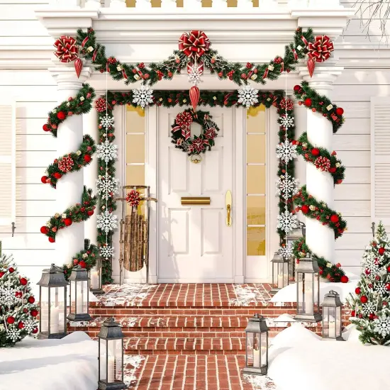 40Pcs White Glitter Snowflake Ornaments with 197 Inches Silver Rope - White {5}