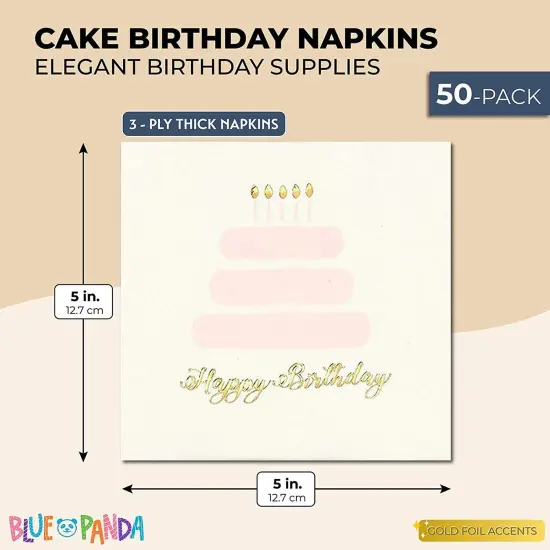 50 Pack Light Pink Happy Birthday Cocktail Napkins for Women with Gold Foil Accents, 3-Ply (5 x 5 In) White {4}