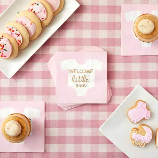 100-Pack “Welcome Little One” Baby Shower Napkins for Boys, Gold Foil Gender Reveal Decorations, Light Pink (5x5 In) {2}