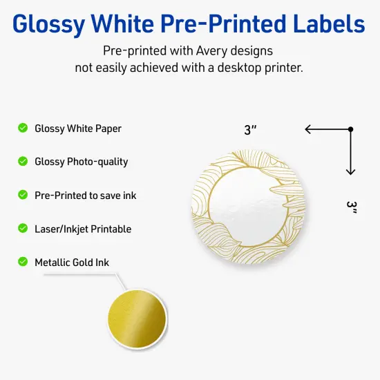 Avery Printable Round Labels with Sure Feed Technology, Pre-Printed Gold Florals, Glossy White, 3" Diameter, Laser & Inkjet Compatible, 60 Total, Great for Branding, Marketing, and Events {2}