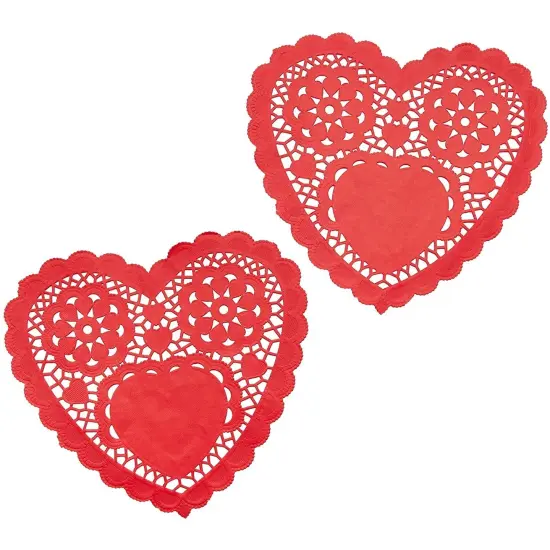Juvale 100 Pack Red Paper Doilies, Heart Shaped Placemats for Crafts and Parties, Valentine’s Day Decorations, 10 x 9 Inch Cutout Paper Lace Heart Doilies {5}