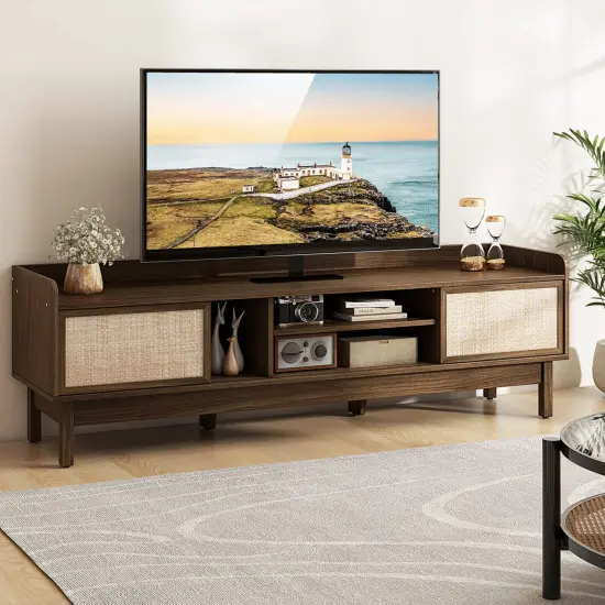 Costway Wooden TV Stand for TVs up to 65" with Storage Adjustable Shelf & Sliding Doors Walnut {4}