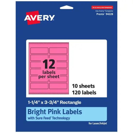 Avery Bright Pink Paper Labels, 1.25" x 3.75" Rectangle {7}