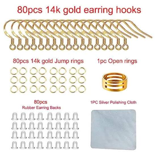 80 Pieces/40 Pairs, Gold Earring Hooks Ear Wires Fish Hooks, 240pcs Hypo-allergenic Jewelry Findings Parts with Jump Rings and Clear Silicone Earring Backs Stoppers for DIY Jewelry Making (14K Gold) {2}