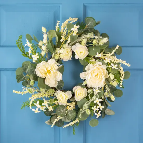Northlight Peony, Rose and Mixed Foliage Artificial Spring Wreath - 20" White {1}