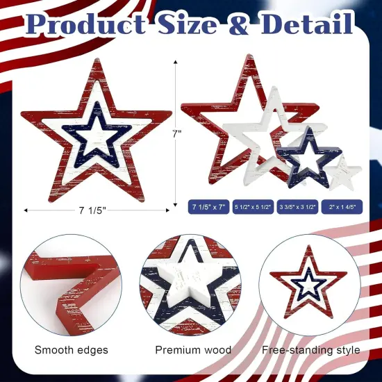 4th of July Decorations Stars Set of 4 For Tabletop, Red White Blue {2}