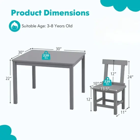 3 Pieces Wooden Children Furniture Set Including 2 Armless Chair and 1 Table Gray {6}
