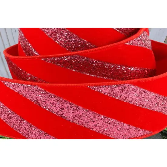 4" Red Velvet Glitter Stripe Ribbon: Pink (5 Yards) {2}