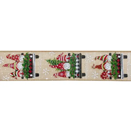 Designer's Shop Holiday Gnomes on truck wired edge ribbon WR 63-5134, 2.5" x 10 yards {5}
