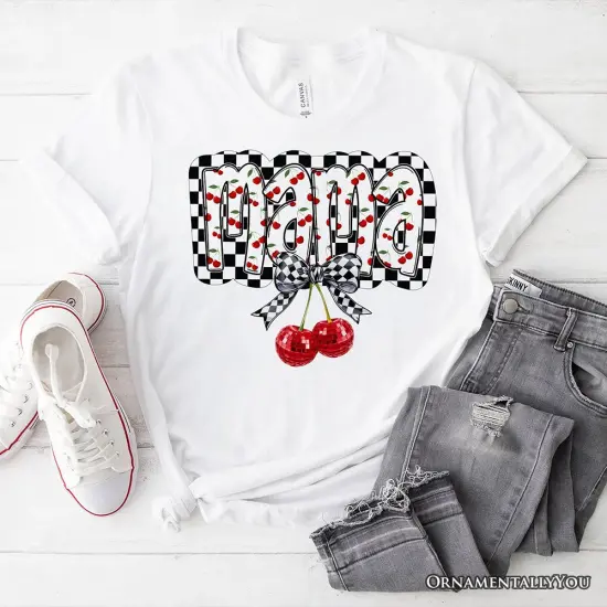 Checkered Cherry Disco Mama T-Shirt, White and Natural Coquette Bow Tee for Trendy Mothers {1}