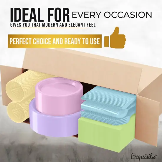 Exquisite 350 Pcs Plastic Plates for Party &ndash; Disposable Plates Set &ndash; 50 Each of 9" Dinner Plates, 7" Dessert Plates, Plastic Cups, Napkins & Plastic Cutlery &ndash; Plastic Dinnerware by Party Solids Easter {3}