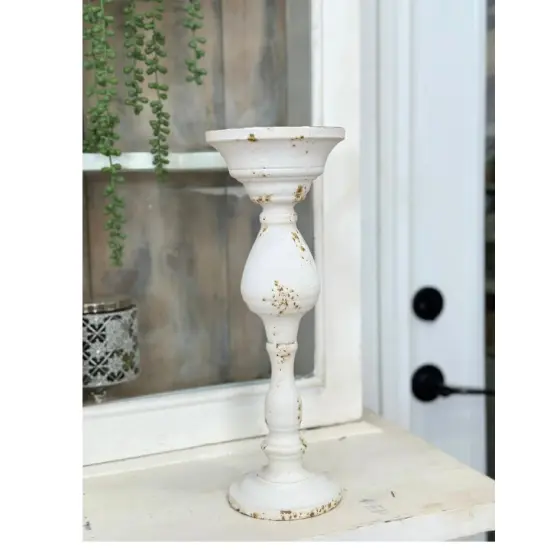 Antique White Distressed Tin Candle Holder &ndash; 14.75" Rustic Farmhouse D&eacute;cor for Pillar or Taper Candles {2}