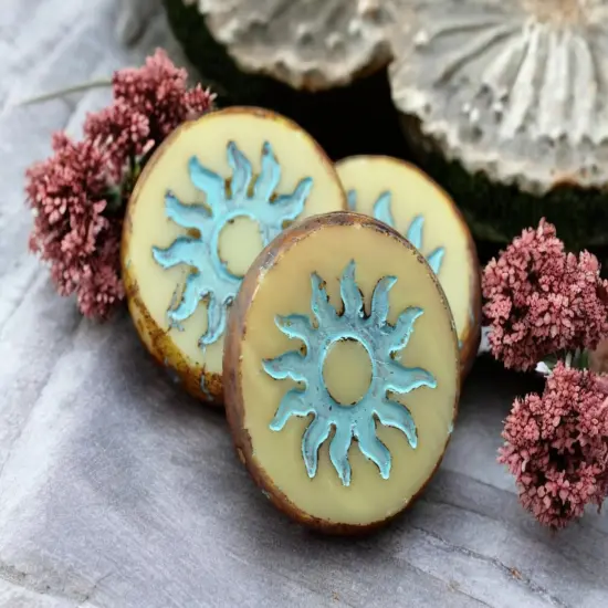 *2* 21mm Turquoise Washed Beige Picasso Table Cut Sun Design Coin Beads {1}