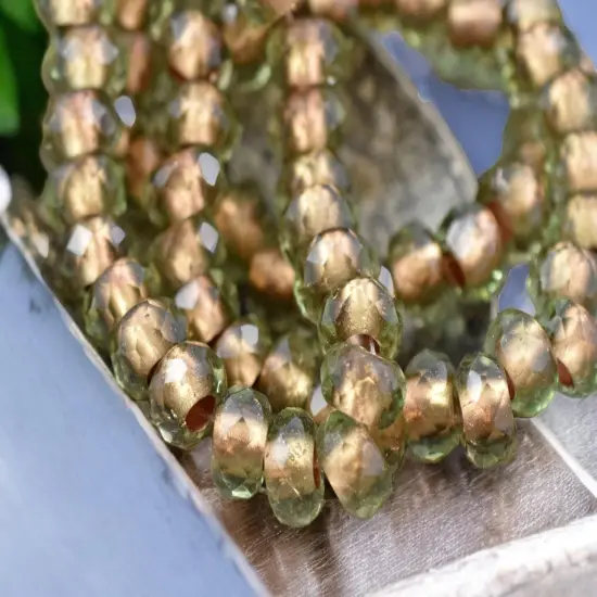 *25* 5x8mm Copper Lined Olivine Faceted Large Hole Rondelle Roller Beads {2}