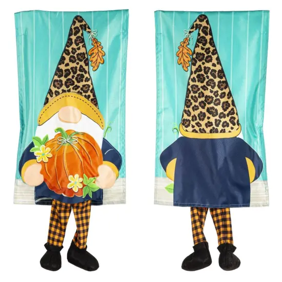 Fall Gnome With Pumpkin Kickin Garden Flag 2 Sided Applique {1}