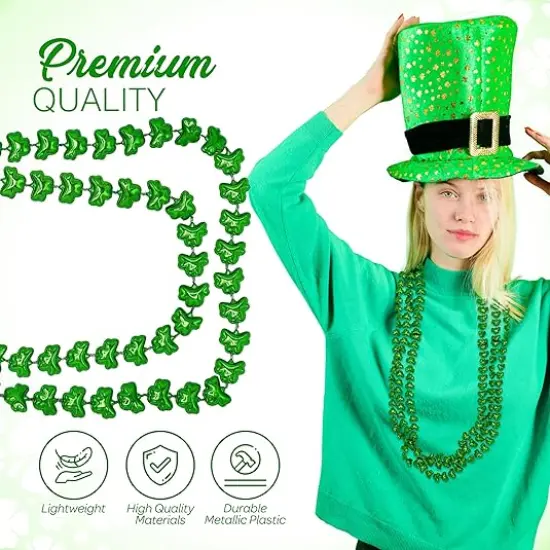 4E's Novelty St Patricks Day Beads Necklace Bulk (12 Pack) Shamrock Clover Green Beads - St. Patrick's Day Gifts for Kids, Kids Party Favor Supplies Costume Accessories {2}