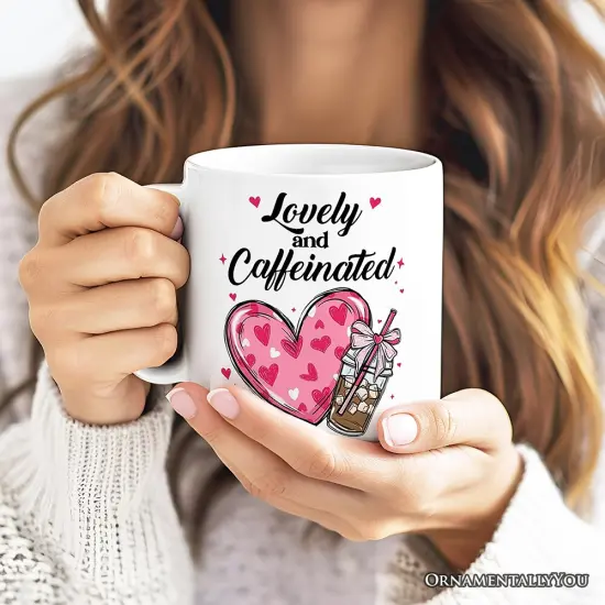 Lovely And Caffeinated Mug, Valentine Heart Coquette Bow Coffee Lover Gift {2}