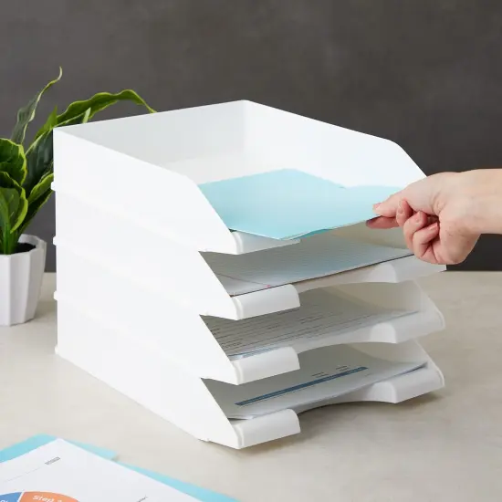 4 Pack White Stackable Paper Trays for Letter Documents, Desktop File Organizers for Office Supplies, Stackable Desk Tray Holder for Paper Storage (10 x 13.45 x 2.5 In) {5}