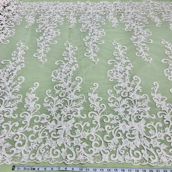 1 Yard Ivory Beaded & Corded Bridal Fabric Lace Embroidered on 100% Polyester Net Mesh, 51" Width, Elegant Wedding Fabric Silver {2}