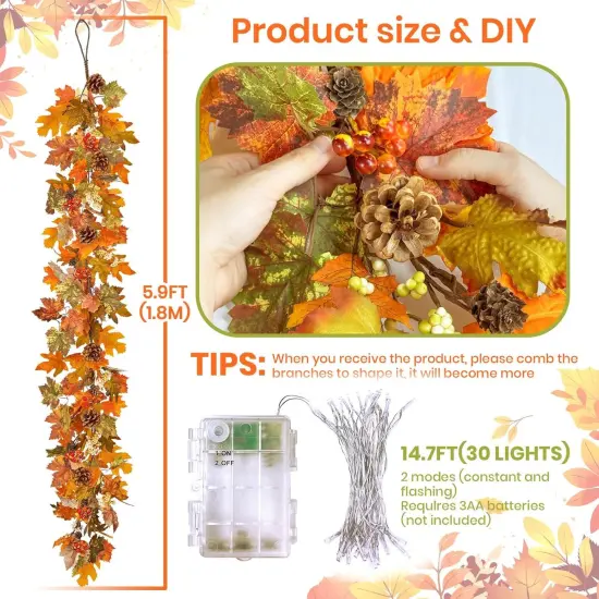 6ft Fall Autumn Garland with Lights and Berry Pine Leaves {2}