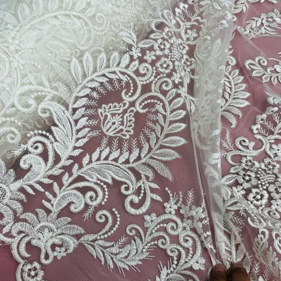 1 Yard Elegant Corded Bridal Lace Fabric Embroidered on 100% Polyester Net Mesh 52" Width Gold {5}