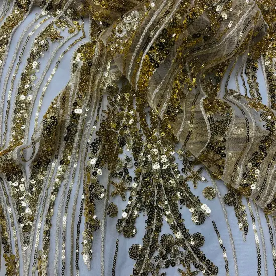 1 Yard Beaded Lace Fabric on 100% Polyester Net Mesh, Embroidered Lace Fabric, 54" Wide, Elegant Textile for Dressmaking & Crafts Gold {3}