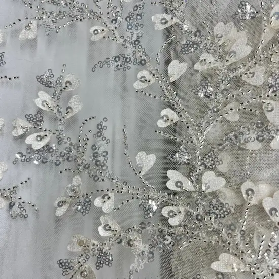 1 Yard Ivory Silver Beaded 3D Floral Lace Fabric, Embroidered Polyester Mesh, 54" Wide Ivory with Silver {6}