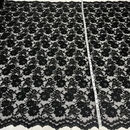 1 Yard Luxurious Corded Bridal Lace Fabric Embroidered on 100% Polyester Net Mesh 49" Width Black {1}