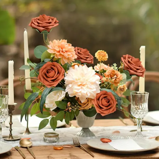 Artificial Flowers Burnt Orange Rose 25pcs Real Looking Fake Roses w/Stem for DIY Wedding Bouquets Centerpieces {3}
