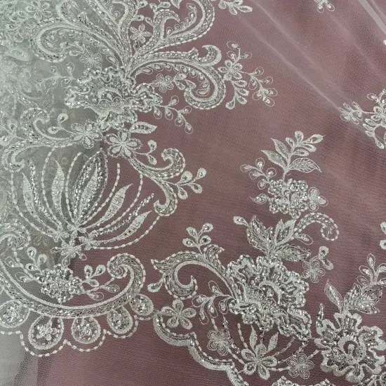 1 Yard Beaded Lace Fabric Embroidered on 100% Polyester Net Mesh, 53" Width, Premium Embroidery Lace Material Antique Silver {5}