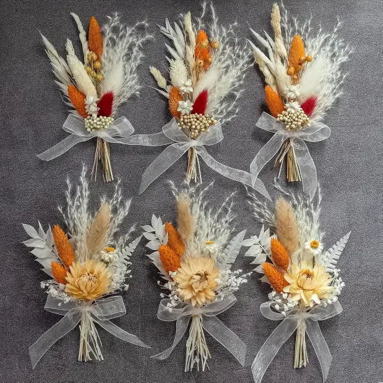 Mini Dried Flowert Set (Pack of 6), Orange Small Bouquet, Pampas Small Bouquet {2}