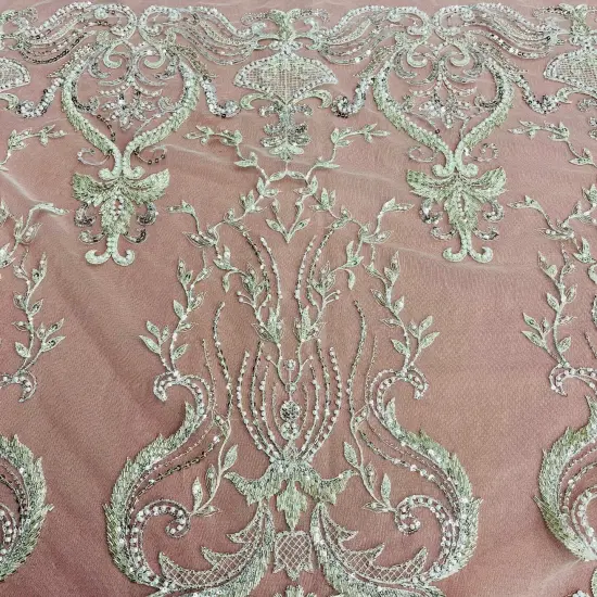 1 Yard Beaded Lace Fabric Embroidered on 100% Polyester Net Mesh, 51" Wide, Premium Lace Fabric for Dresses & Crafts Antique Silver {6}