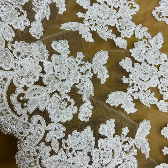 1 Yard Beaded & Corded Embroidered Bridal Lace Fabric, 100% Polyester Net Mesh, 52"-54" Wide Silver Metallic {5}