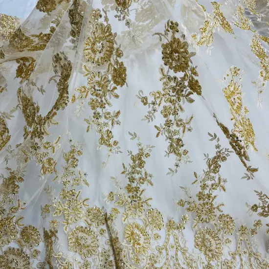 1 Yard Gold Beaded Corded Bridal Lace Fabric on Polyester Mesh, 53" Wide, Embroidered Luxury Fabrication {2}