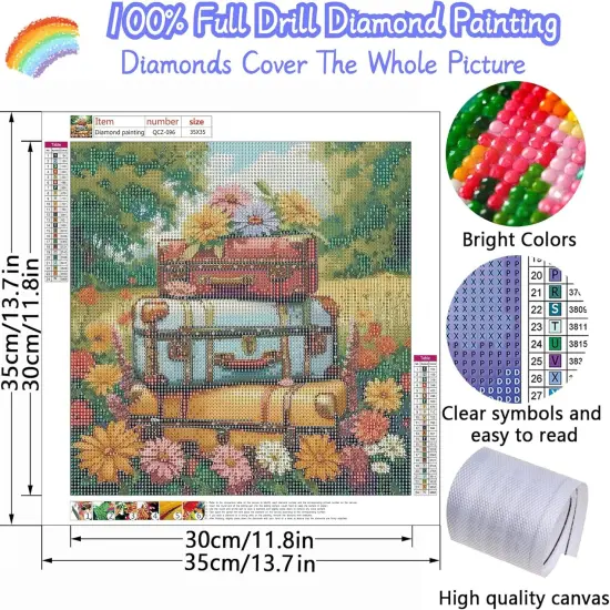 Flowers Suitcases Diamond Painting Kits for Adults, 5D Diamond Art Painting by Numbers Kits, DIY Diamond Dots Art Kits, Full Round Drill Diamond Paintings for Adults for Home Wall Decor, 13.8x13.8 in {2}