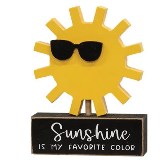 Sunshine Is My Favorite Color Wooden Sitter Bright Yellow Sunshine Figurine with Sunglasses on Black Base {1}