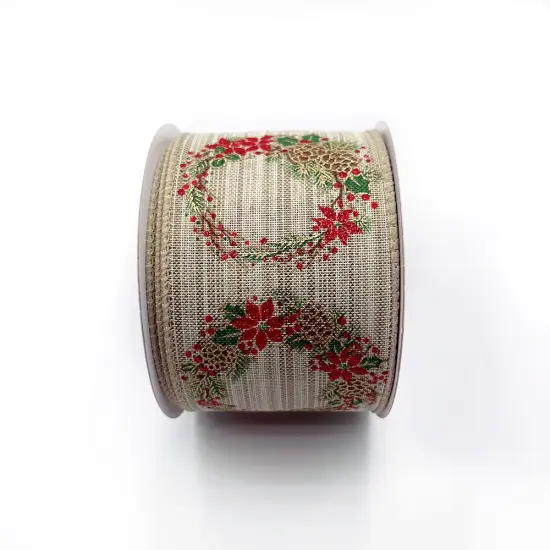 Designer&rsquo;s Shop WR 63-5215 2.5" x 10 Yards Christmas Wreath Wired Edge Ribbon &ndash; Gold Glitter Pinecones, Red Poinsettias & Holiday Garland {2}