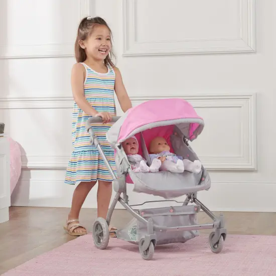 Badger Basket Voyage Twin Carriage Doll Stroller - Gray/Pink {2}