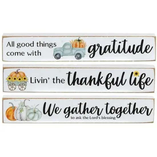 Fall-Themed Mini Wooden Word Blocks with Black Text and Rustic Distressed White Paint 3 Asstd. {1}