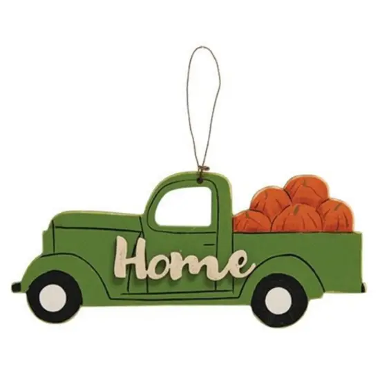 Rustic Green Wooden Truck Ornament with Pumpkin Bed and Ready-to-Hang Metal Wire Hook {1}