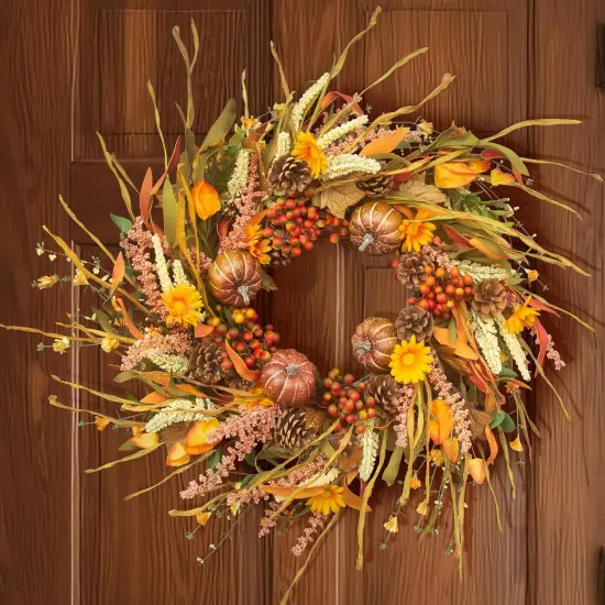 26" Pumpkin Fall Wreath with Pinecones & Berries {1}