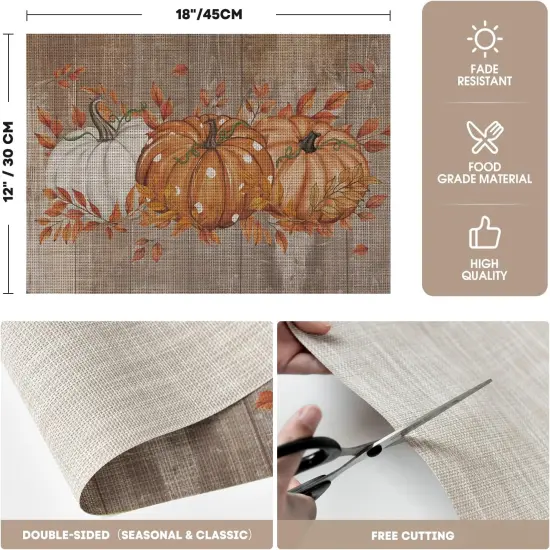 Set of 4 Wood Pumpkin Leaves Fall Vinyl Placemats - 12" x 18" (Orange) {5}