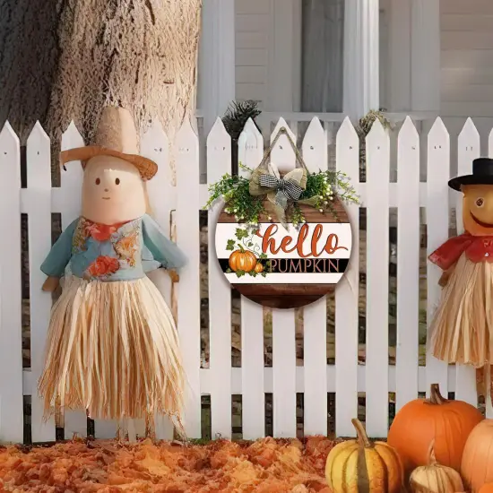 Harvest Hanging Sign With Bow and Wreath Thanksgiving Welcome Wood Sign(hello pumpkin door wreath) {2}