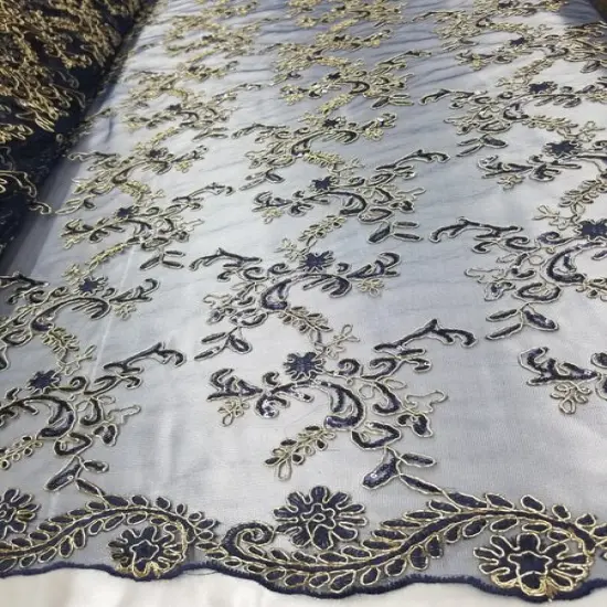 1 Yard Navy Metallic Flowers Sequins Mesh Lace Fabric for Tablecloths and Costumes 100% polyester {4}
