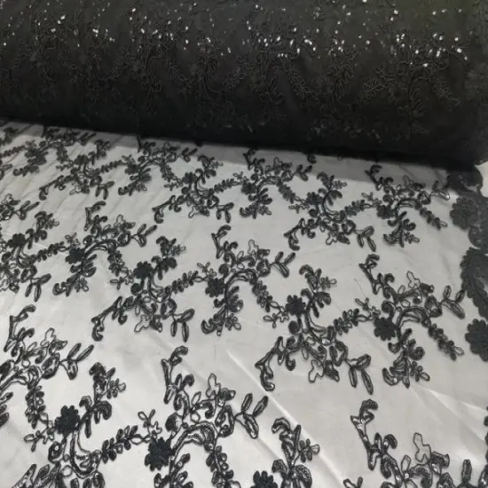 1 Yard Elegant Black Floral Embroidery Lace Mesh Fabric for Wedding Dresses 50 Inch Width {1}