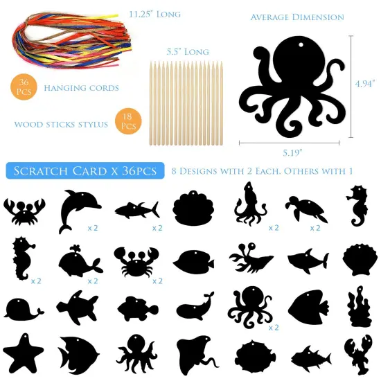 Wrapables 36pc Rainbow Scratch Arts Ornaments, DIY Magic Scratch Arts and Crafts, Sea Animals {2}