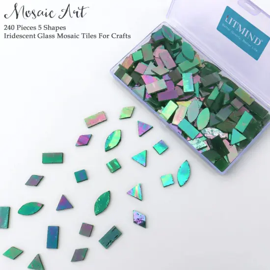 LITMIND Iridescent Glass Mosaic Tiles for Crafts, 240 Pieces 5 Shapes Mixed Green Stained Glass Pieces, Mosaic Kits for Adults (Iridescent Green) {5}