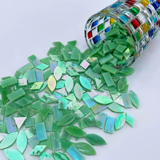 LITMIND Iridescent LightGreen Stained Glass Mosaic Tiles for Crafts - 240 Pieces, 5 Shapes Mixed (Rectangle, Triangle, Rhombus, Square, Leaf) - Ideal for Mosaic Making Projects and Beginners {5}