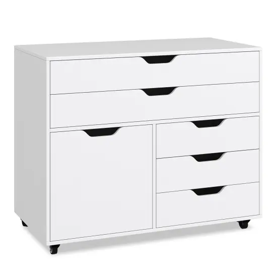 Modern Vertical 5-Drawer Mobile Chest with Door 5 Casters-White {1}