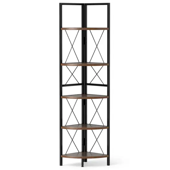 63 Inch Tall 5-Tier Freestanding Corner Storage Shelf with Heavy Duty Metal Frame and X-Shaped Brackets {1}